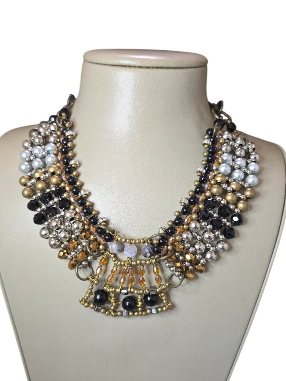 PAM HIRAN Statement Bib Necklace Mixed Bead Collar Brass Tone Chunky Boho Glam